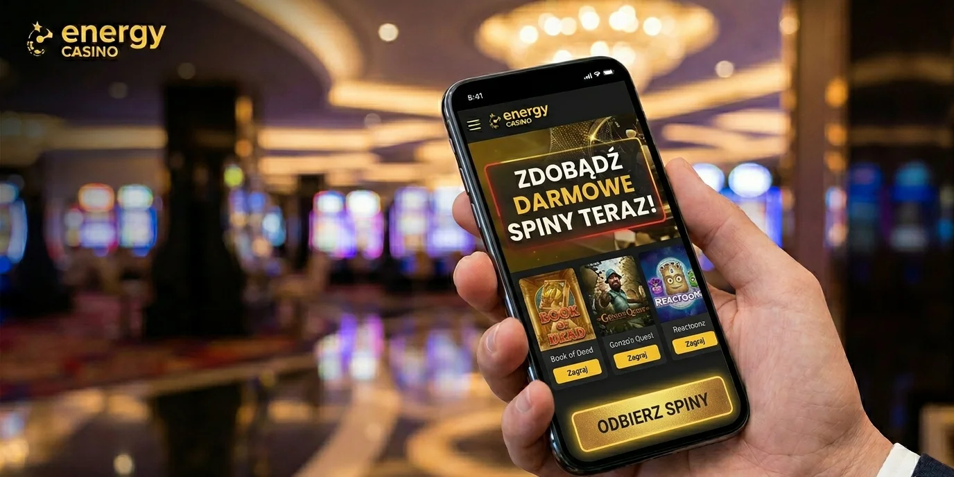 Banner promocji darmowych spinów z napisem free spins i symbolami slotów